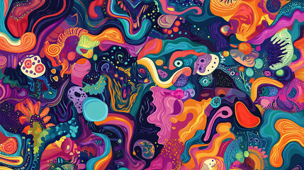 Psychedelic retro cool digital artwork. Colorful doodle human face eyeball design, 70s vintage style vivid dreamscape pop art