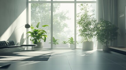 Modern minimalist living room interior with plants and natural light. 