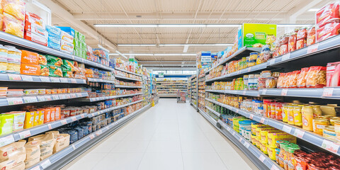 Fototapeta premium Wide view of supermarket aisle with nobody shopping for groceries