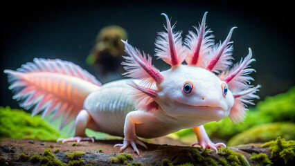 leucistic axolotl with pink gills and unique appearance, showcasing its vibrant features in natural aquatic environment. This fascinating creature captures attention with its striking colors and