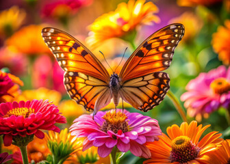 Obraz premium vibrant orange butterfly with delicate wings rests gracefully on colorful flowers, surrounded by lively garden scene that evokes sense of joy and tranquility