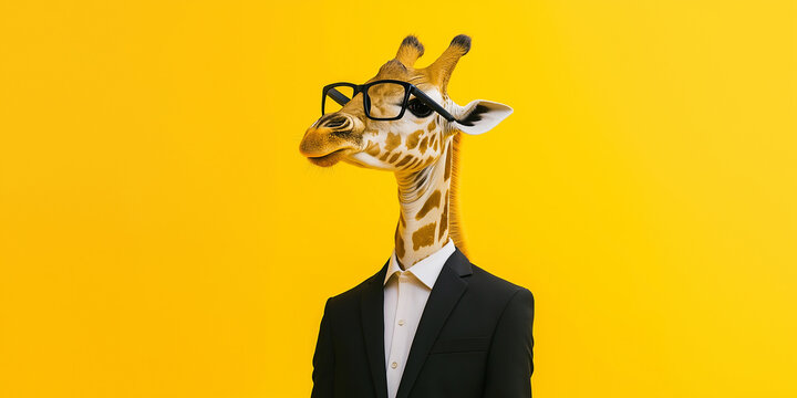Giraffe wearing suit and glasses on yellow background