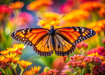 Obraz premium vibrant orange and black monarch butterfly flits gracefully among colorful flowers, showcasing its stunning wings against backdrop of blooming petals. scene captures beauty of nature and delicate