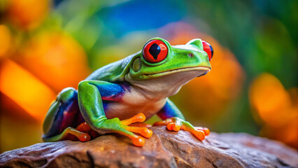 Fototapeta premium vibrant green frog with captivating red eyes sits on rock, showcasing its colorful skin against blurred, colorful background. This striking amphibian exudes sense of wonder and beauty