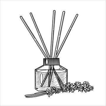 recommend clip art: Vector lavender air refreshing diffusers and incense sticks . Hand drawn illustration on isolated background