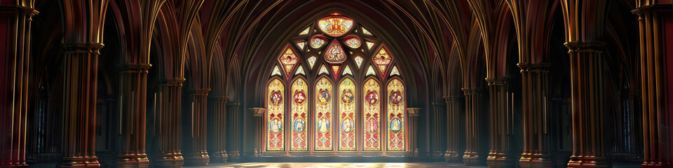 Fototapeta premium An ornate gothic archway, framing a European cathedral's stained-glass window, its rich burgundy and gold hues evoking a sense of ancient wisdom.