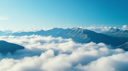 Fototapeta premium Majestic mountain range emerging above fluffy clouds under a bright blue sky
