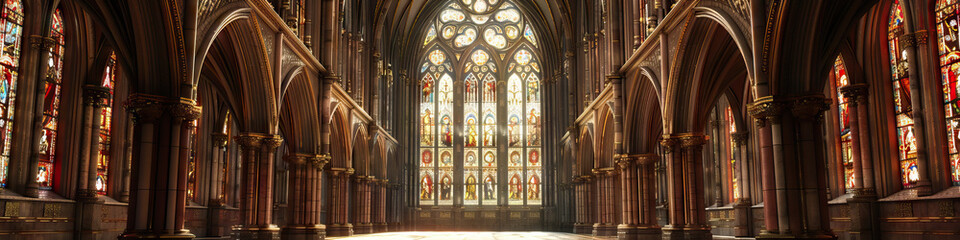 Fototapeta premium An ornate gothic archway, framing a European cathedral's stained-glass window, its rich burgundy and gold hues evoking a sense of ancient wisdom.