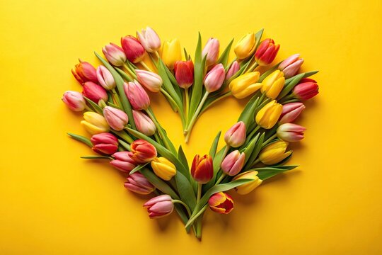 heart shaped arrangement of tulips on yellow background