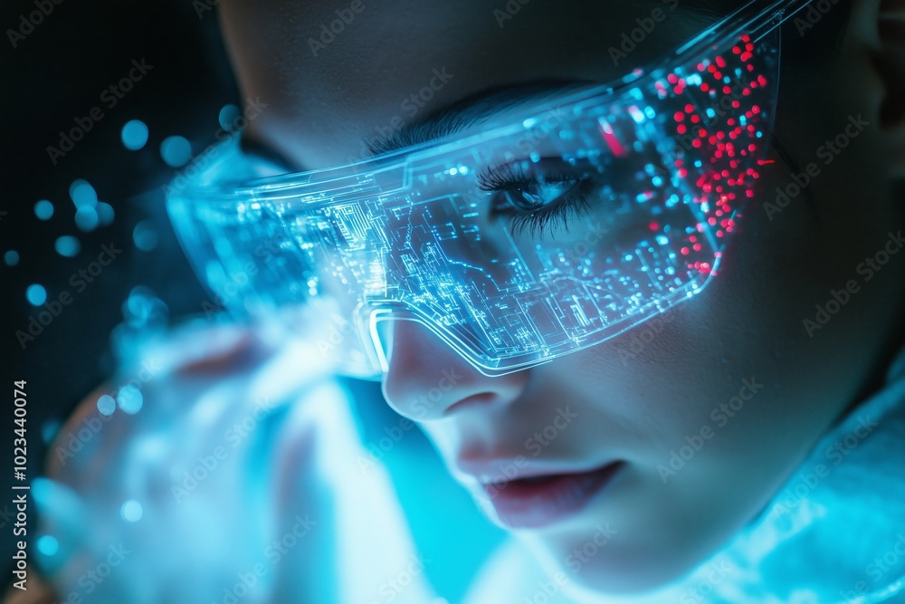 Aufkleber exploring metaverse and blockchain themes person wearing glasses reaching out to interact with virtu