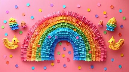 paper rainbow. Traditional Mexican decorative toy for Cinco de Mayo celebration. Festive colorful ribbon decor with candies. Flat vector illustration isolated on white background