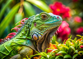 Fototapeta premium green iguana resting in vibrant garden surrounded by colorful flowers, showcasing its unique features and textures. lush greenery and bright blooms create serene atmosphere