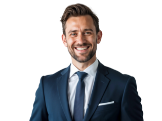 Portrait of a smiling businessman in suit, professional headshot, isolated on transparent background
