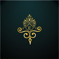 Web creative initial e latter logo design with modern business vector template, luxury e latter  logo , creative isolate  e monogram latter logo , crow logo , royal logo with golden color 