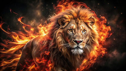 Fototapeta premium Majestic lion surrounded by flames, showcasing power and intensity. fiery backdrop enhances lions fierce expression, creating dramatic and captivating scene