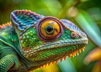 Fototapeta premium vibrant chameleon with strikingly colorful skin and large, expressive eyes is perched among lush greenery. Its unique ability to move its eyes independently adds to its captivating presence