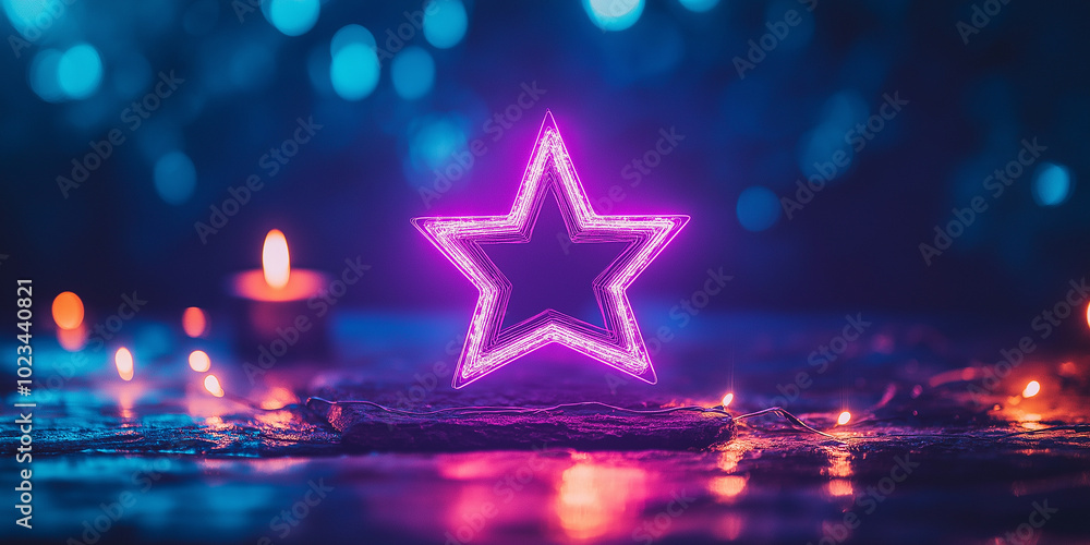 Poster Neon star is shining on a stage with candles and string lights in the foreground