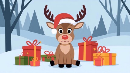 Naklejka premium A reindeer wearing a Santa hat sits surrounded by presents illustration
