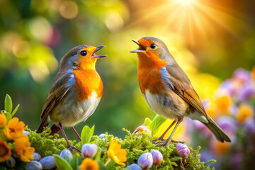 Brightly colored robins chirping joyfully in sunlit garden filled with vibrant flowers create serene and lively atmosphere. Their cheerful presence enhances beauty of nature