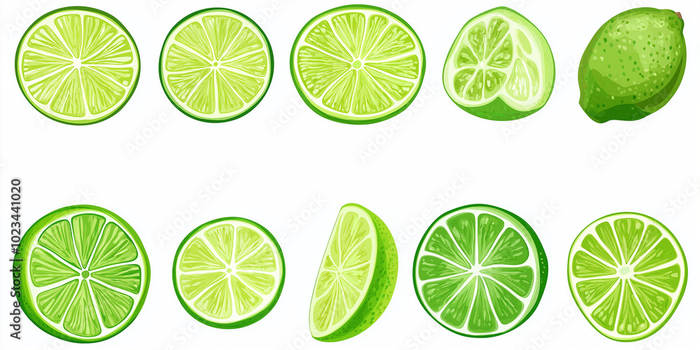 Poster set of illustrations of whole and cut lime fruits showing different perspectives