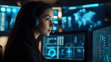 Naklejka premium Beautiful Female Data Scientist Works on Personal Computer Wearing a Headset in Big Infrastructure Control and Monitoring Room. IT expert in data center providing technical support to customers