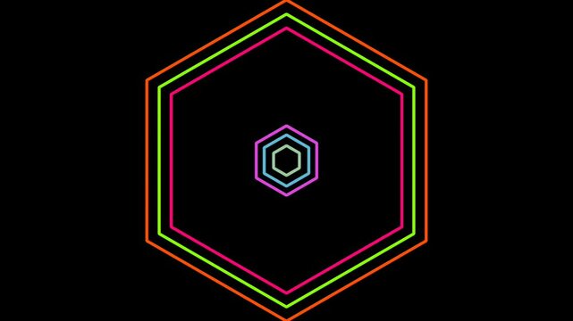 Animation of thirteen lines of a hexagonal logo with different colors, blinking effects, and a black background