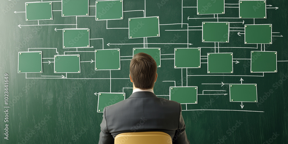 Poster businessman sitting and contemplating a complex flow chart on chalkboard