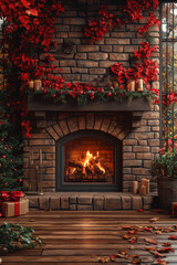 Przytulny, świąteczny kominek z cegły, ozdobiony czerwonymi kwiatami i liśćmi, tworzący ciepłą i domową atmosferę Bożego Narodzenia.
