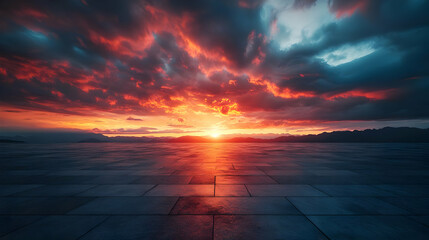 Dramatic Sunset Sky with Mountains and Pavement  Background