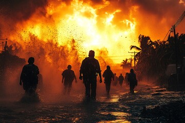 Evacuating People in Fiery Catastrophe Scene