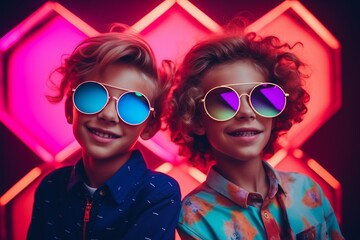 Obraz premium Cheerful kids with trendy sunglasses under neon lights, on a party in the disco club.