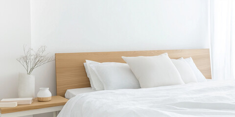 White bed with wooden headboard in minimalist bedroom showing tranquil atmosphere