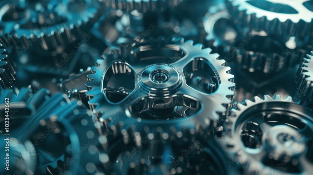 Poster close-up of metallic gears and cogs in motion