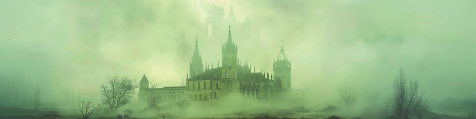 Fototapeta premium An ethereal European abbey emerges from a misty landscape, its pale green and gold hues creating an otherworldly ambiance.