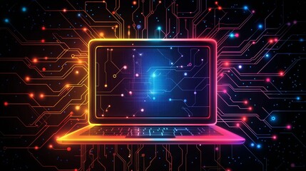 Fototapeta premium Futuristic laptop with glowing neon circuit lines on a dark background