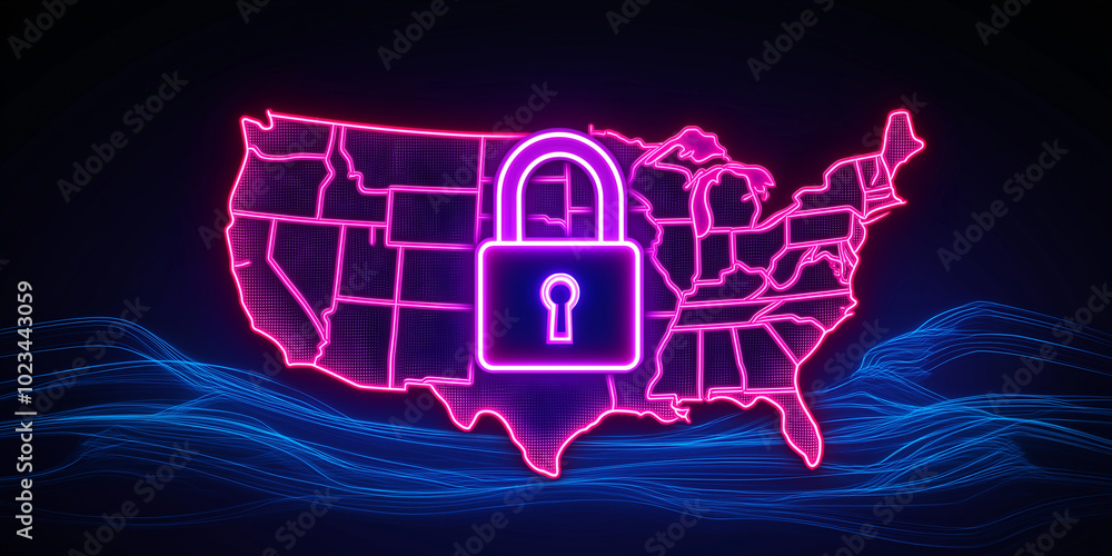 Aufkleber neon united states map showing data security with padlock icon