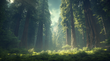 Obraz premium A photorealistic image showcasing the awe-inspiring grandeur of an ancient redwood forest, featuring towering trees with gnarled trunks and a dense canopy. Focus on the scale and majesty of these anci