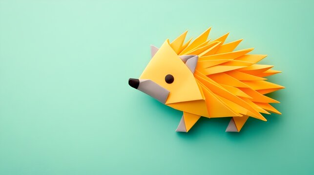 Origami Hedgehog Paper Sculpture on Clean Mint Background