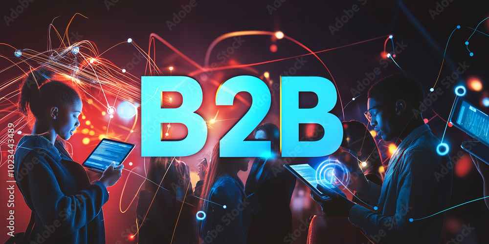 Poster business people using digital tablet with b2b symbol connecting them