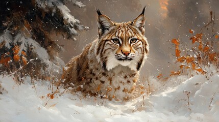 Fototapeta premium lynx stealthily prowling through a serene snowcovered forest crouched low amidst glistening white snowflakes sharp eyes fixed on prey twilight hues painting the sky