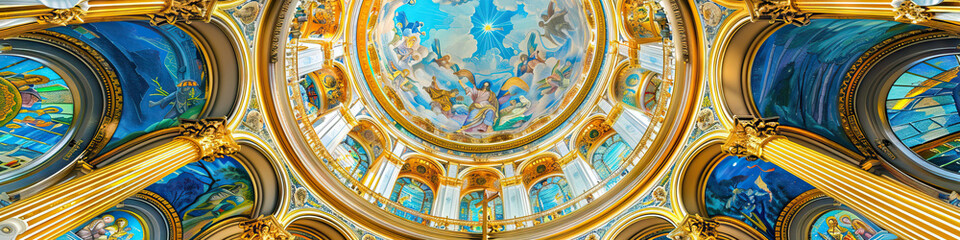 Obraz premium An intricate mosaic of a European cathedral adorns a domed ceiling, its vibrant blues and golds reflecting the serenity of prayer.