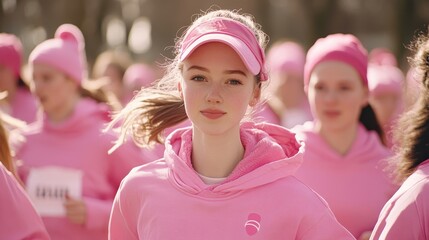 A young girl confidently leads fellow participants in pink outfits at a charity run
