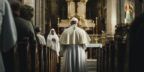 Naklejka premium Pope wearing white robe praying in church with people attending mass