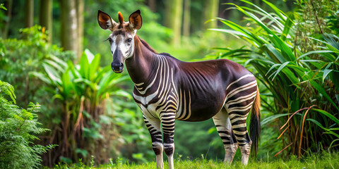 okapi is unique animal found in Congo rainforest, showcasing its striking zebra like stripes and elegant posture amidst lush greenery