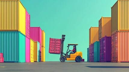 Streamlining global trade: container handler forklift efficiently lifts colorful containers in busy shipping yard logistics hubs