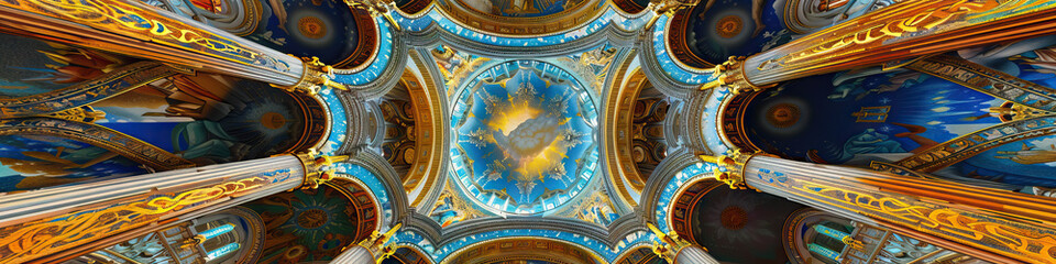 An intricate mosaic of a European cathedral adorns a domed ceiling, its vibrant blues and golds reflecting the serenity of prayer.