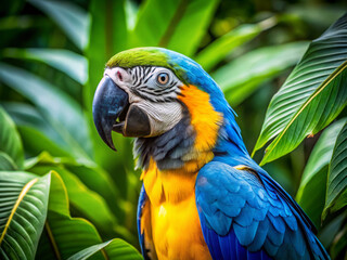 Obraz premium vibrant blue macaw bird with bright yellow and green feathers perched among lush green leaves, showcasing its striking colors and unique features