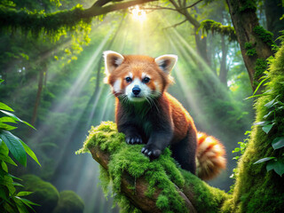 Obraz premium brilliant red panda with fluffy fur and round ears sits gracefully on moss covered branch in lush forest, illuminated by soft sunlight filtering through trees