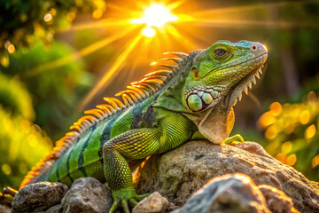 Obraz premium vibrant green iguana basks on rock, illuminated by warm glow of sun setting in background. scene captures beauty of nature and serene presence of this reptile