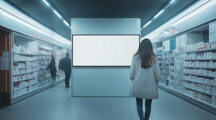 A woman standing in a medicine store aisle, gazing at a large digital advertising board. Blank mockup for advertisement at the pharmacy.